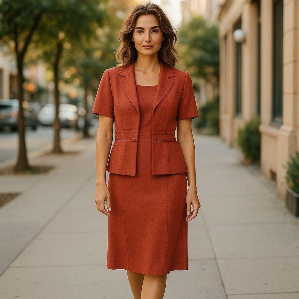 Vintage Terracotta Rust 2 Piece Sheath Dress and Studded Short Sleeve Jacket Set